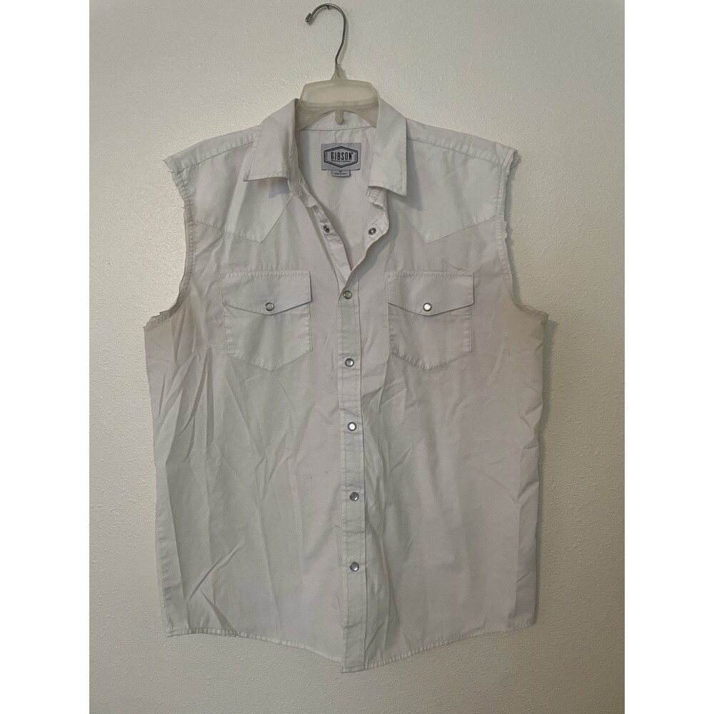 Gibson Men's White Cotton Pearl Snap Shirt Long Sleeve Pockets Size M Cut Off So